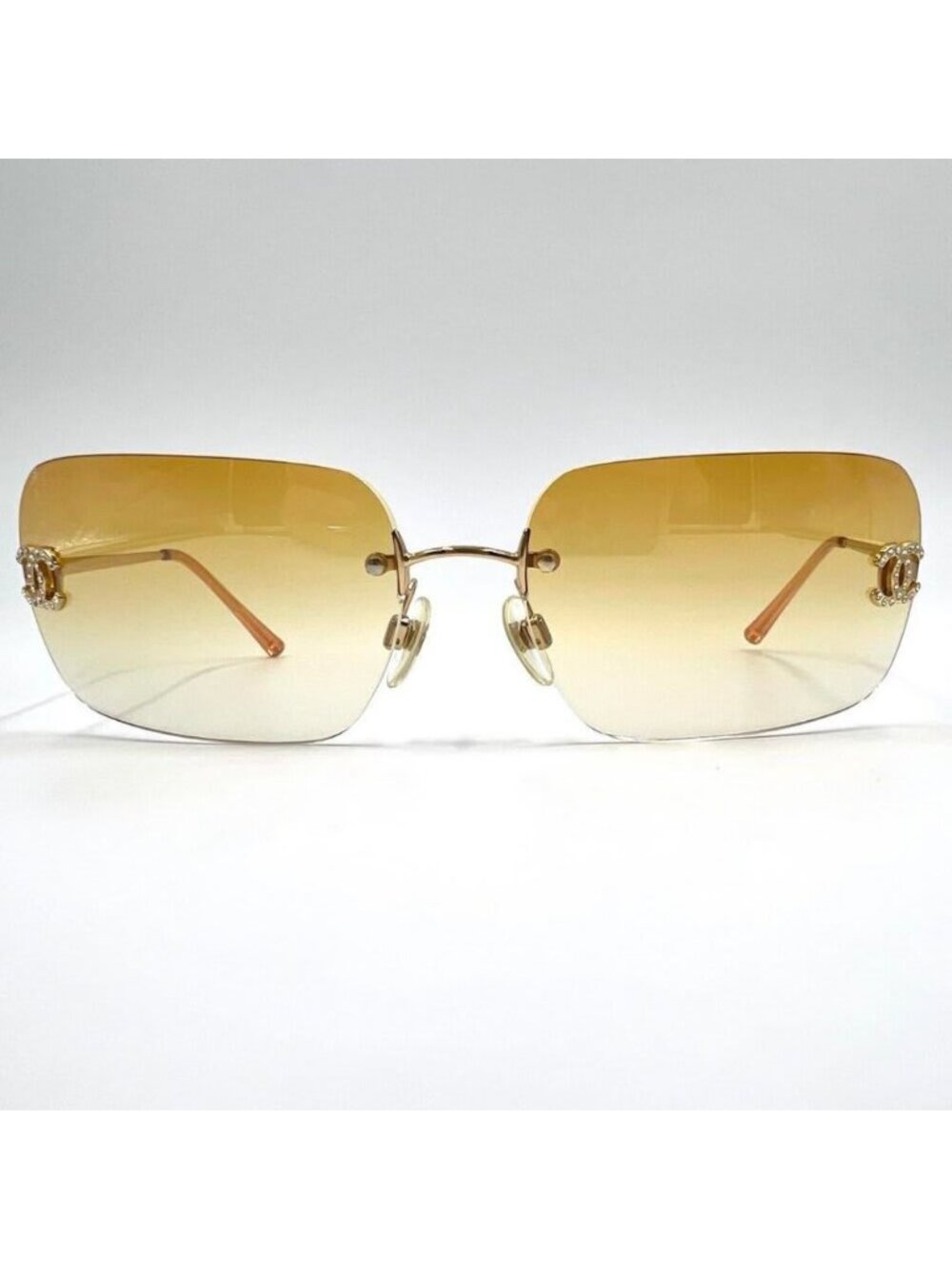 Chanel Vintage Sunglasses Rhinestone CC Logo Rimless Gradient Gold Tint - Picture 3 of 10